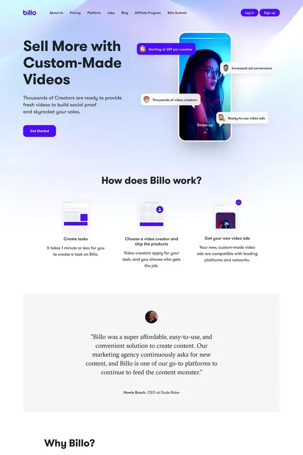 Billo | The #1 platform for custom-made eCommerce video ads - Landing design inspiration