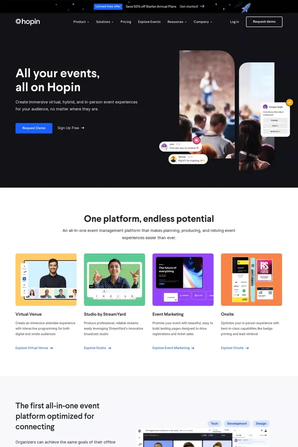 Event Technology Platform for Virtual, Hybrid, and Online Experiences | Hopin - Landing design inspiration