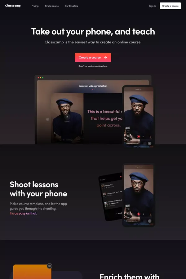 Classcamp - The easiest way to create an online course - Landing design inspiration
