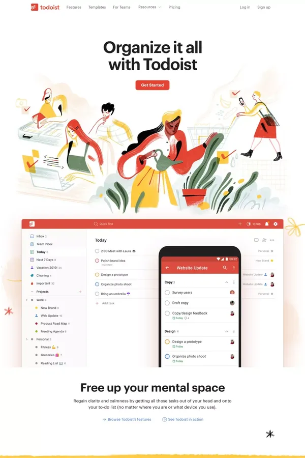 Todoist: The to do list to organize work & life - Landing design inspiration