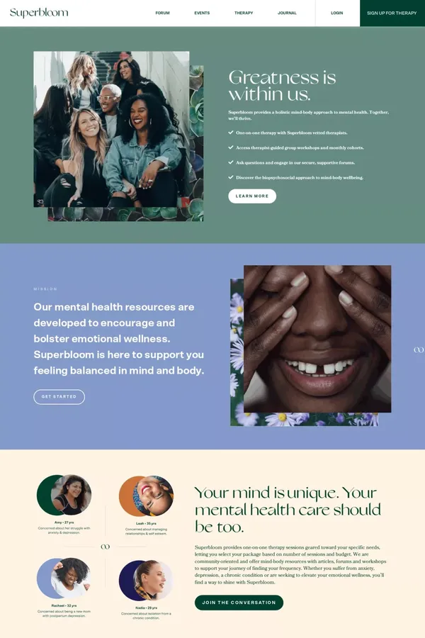 Superbloom - An emotional wellness platform for women - Landing design inspiration
