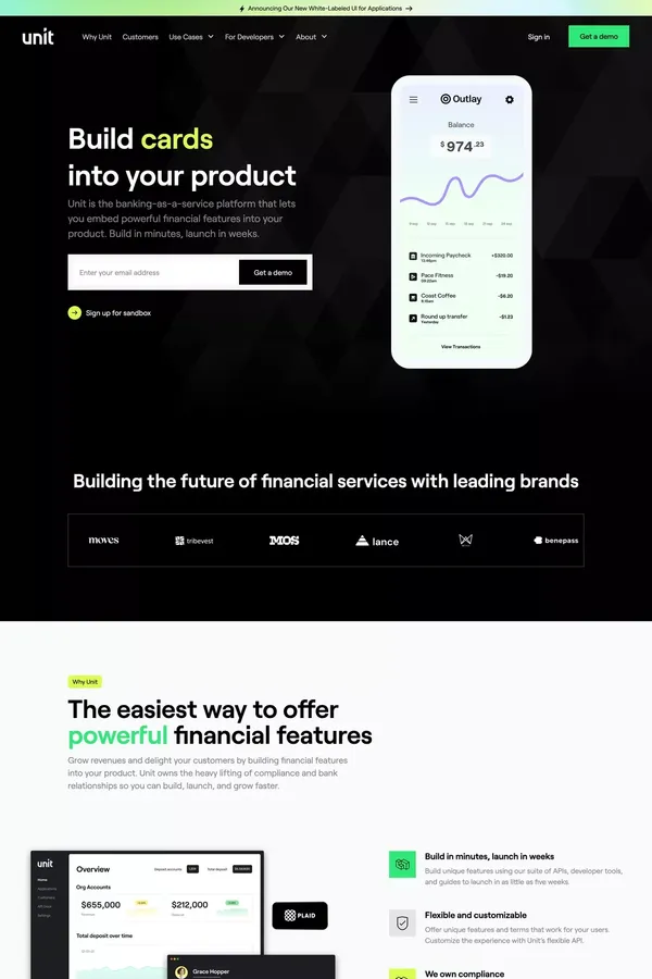 Unit | Build Banking in Minutes - Landing design inspiration