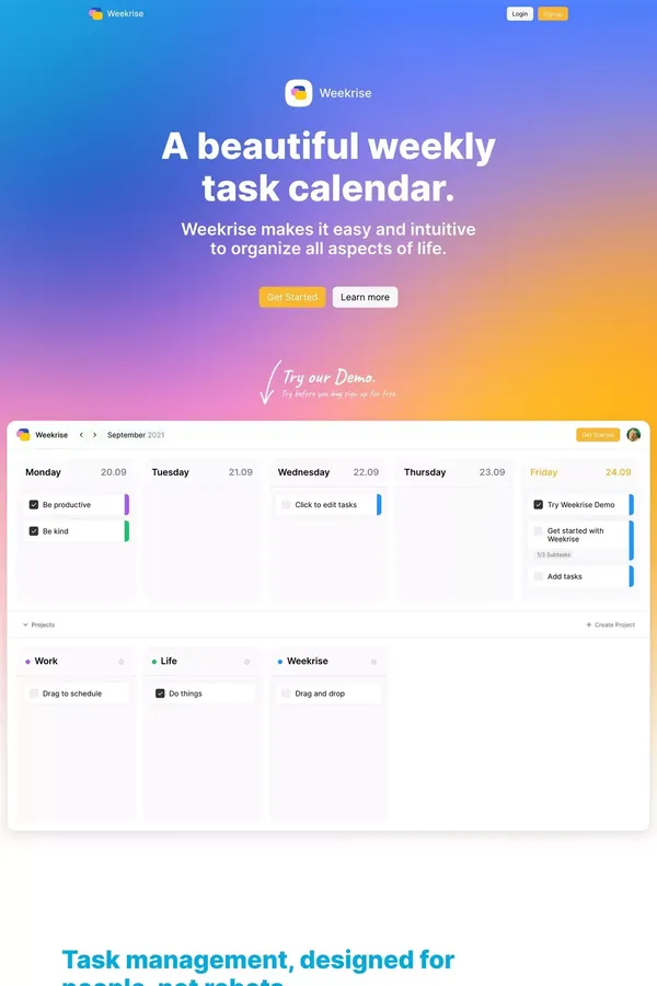 Weekrise - A weekly task calendar - Landing design inspiration