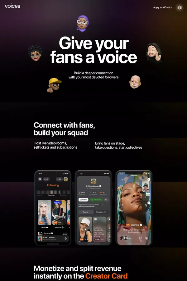 Voices: Host live video rooms, sell tickets and subscriptions - Landing design inspiration
