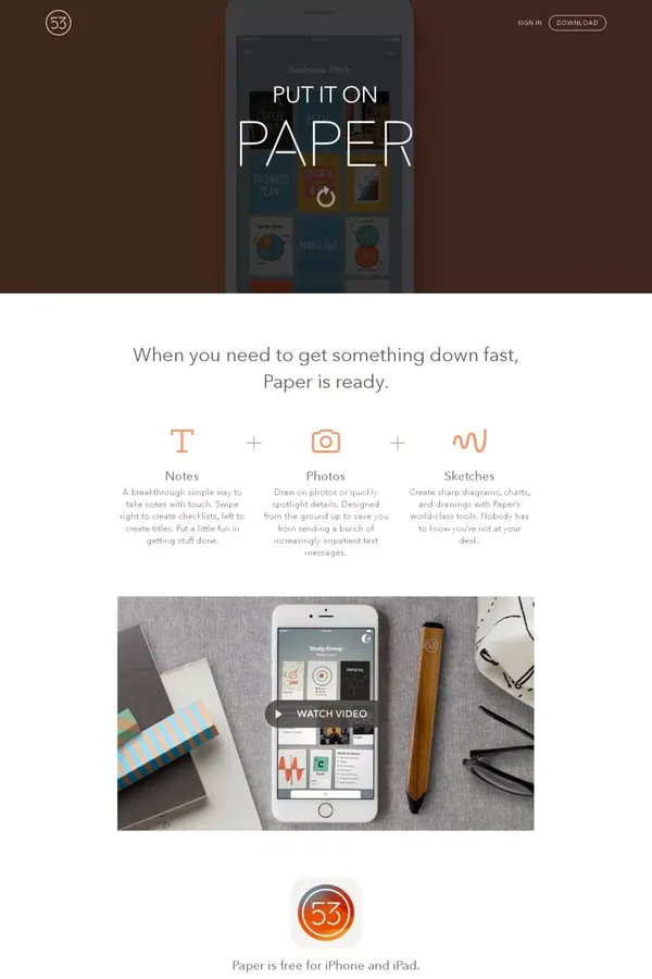 Paper & Pencil by FiftyThree - Landing design inspiration