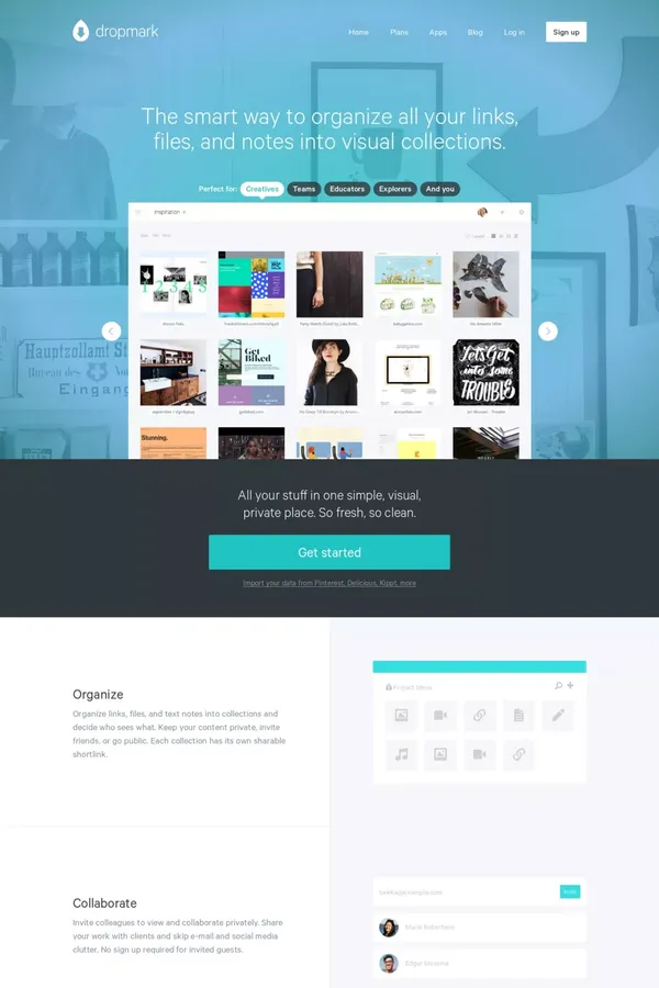 Dropmark | Organize, collaborate, curate, and share online - Landing design inspiration