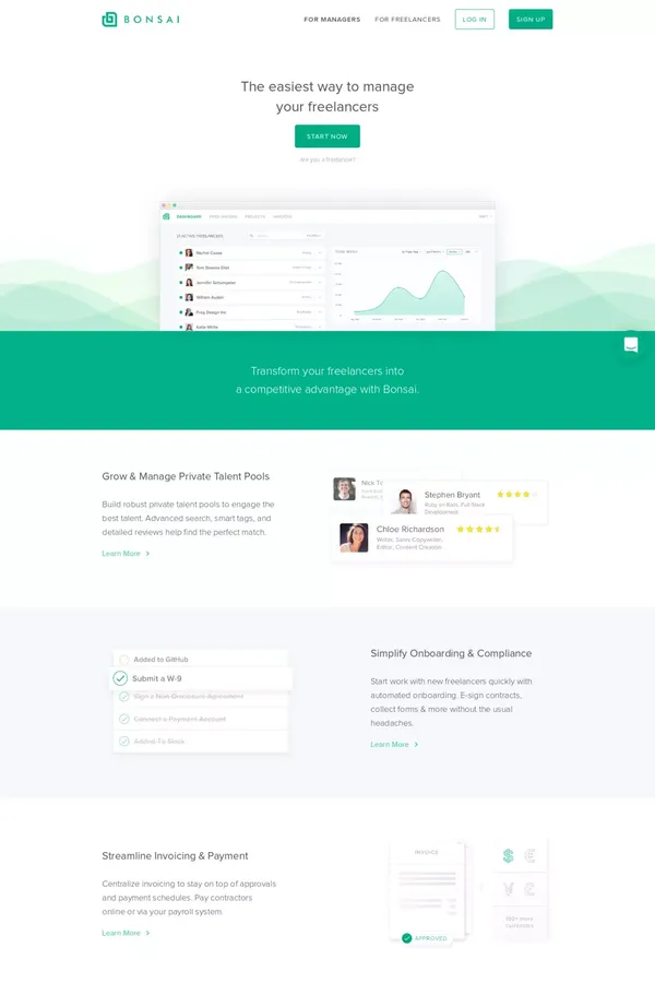 Freelance Management Platform - Bonsai - Landing design inspiration