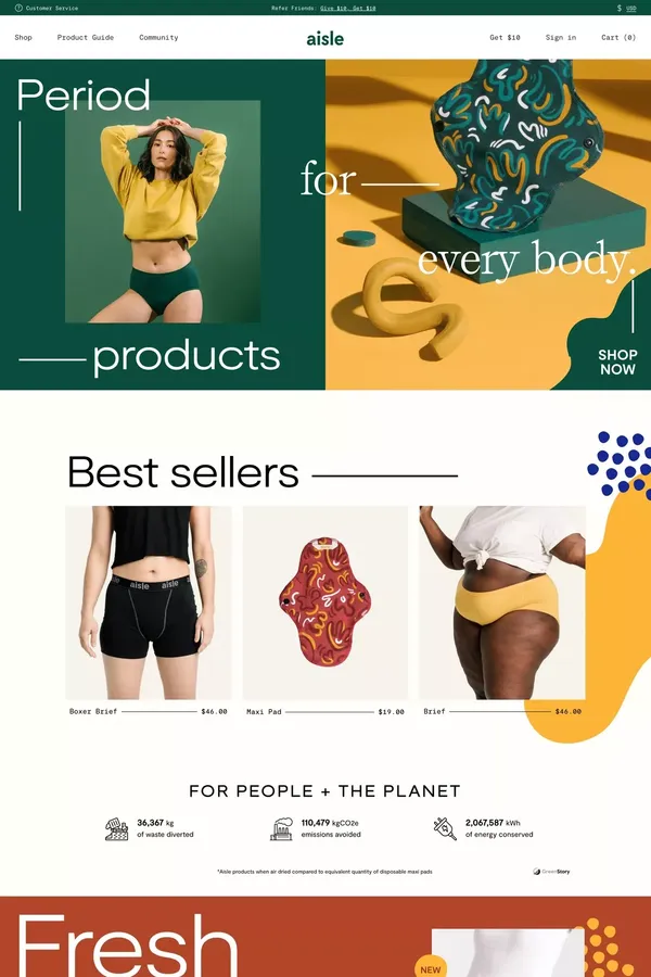 Aisle | Sustainable Period Products For Every Body - Ecommerce design inspiration