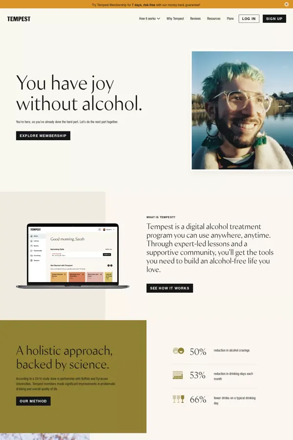 Online Alcohol Recovery and Support to Quit Drinking | Tempest - Landing design inspiration