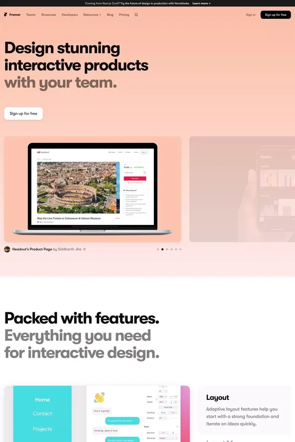 Framer: A Free Interactive Design Tool for Teams - Landing design inspiration