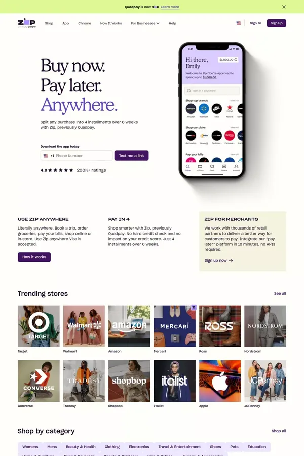 Buy Now, Pay Later with Zip, previously Quadpay - Landing design inspiration