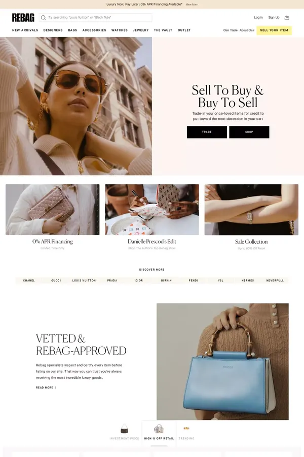 Rebag: Buy & Sell Used Designer Bags, Watches, Jewelry & More - Ecommerce design inspiration