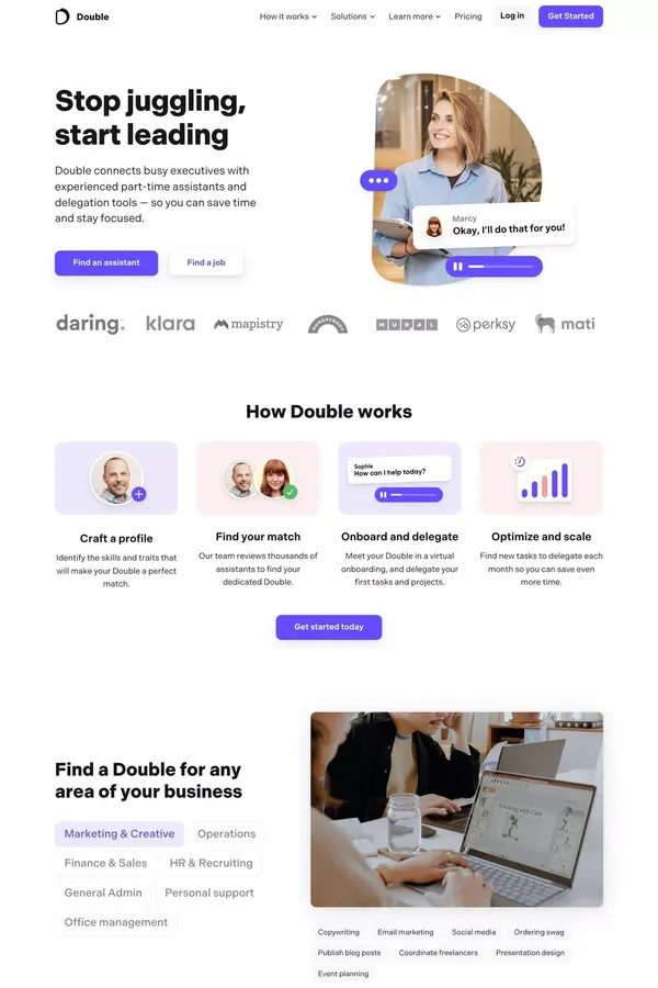 Double - Remote assistants for busy executives - Landing design inspiration