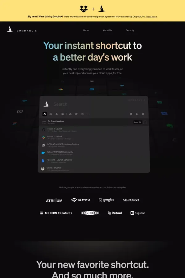 Universal Search & Productivity App | Command E - Landing design inspiration