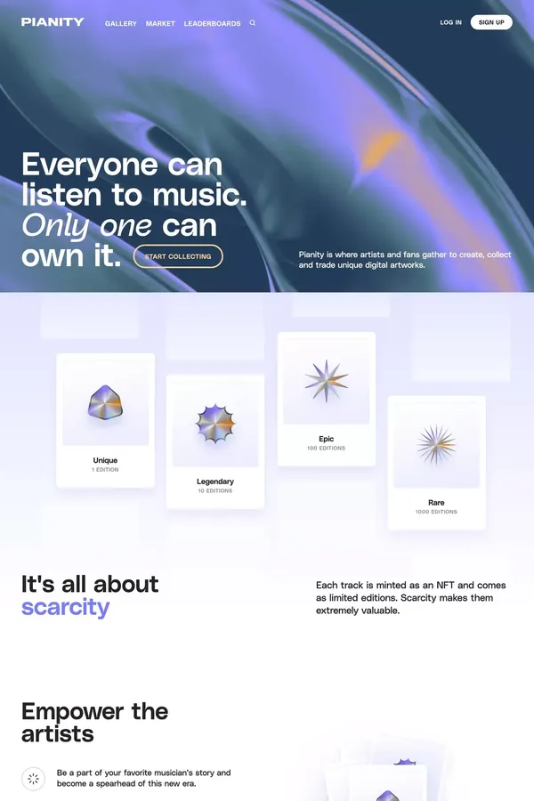 Pianity - Collect unique artworks from your favorite musicians - Landing design inspiration