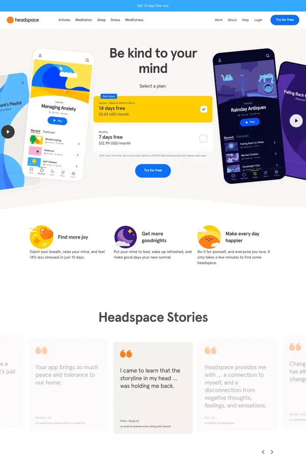 Meditation and Sleep Made Simple - Headspace - Landing design inspiration
