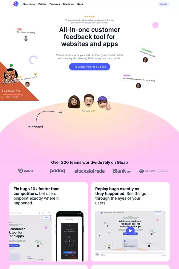 All-in-one customer feedback tool for startups and agencies - Landing design inspiration