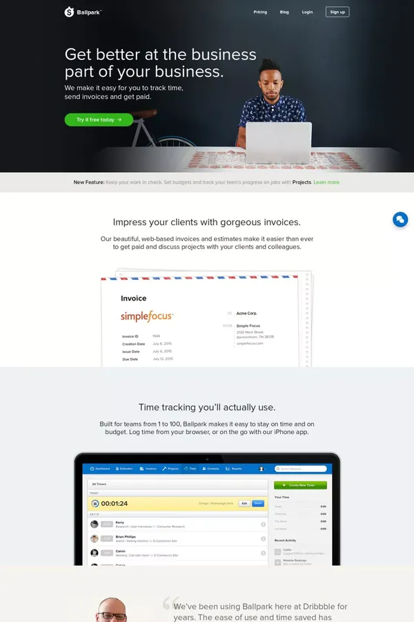 Ballpark - Online Invoicing, Time Tracking, and CRM Software - Landing design inspiration