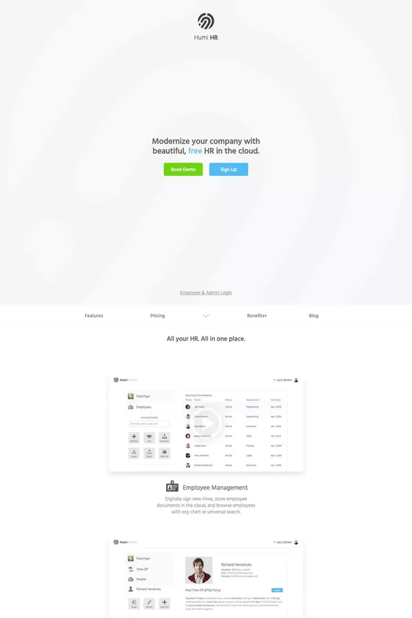 Humi HR: Beautiful, Free HR in the Cloud - Landing design inspiration