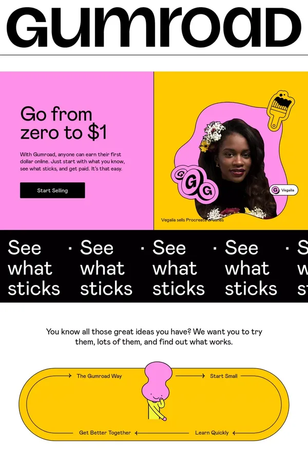 Gumroad – Sell what you know and see what sticks - Landing design inspiration