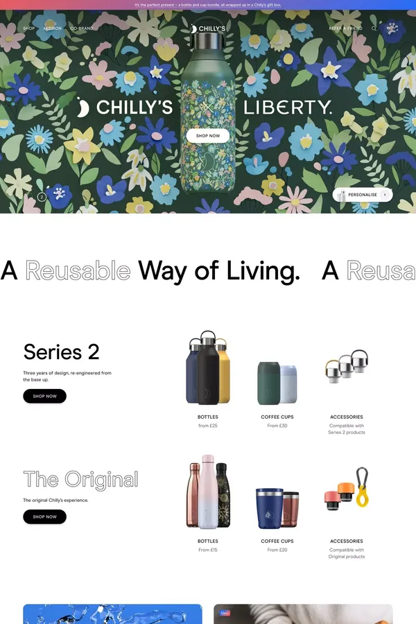 Reusable Water Bottles | Reusable Coffee Cups  | Chilly's - Ecommerce design inspiration