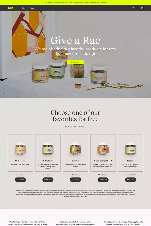 Give-a-Rae: Get yours free! – Rae Wellness - Ecommerce design inspiration