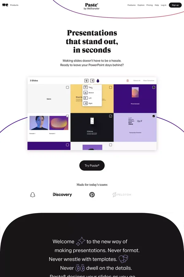 Paste by WeTransfer | Never format a presentation again - Landing design inspiration