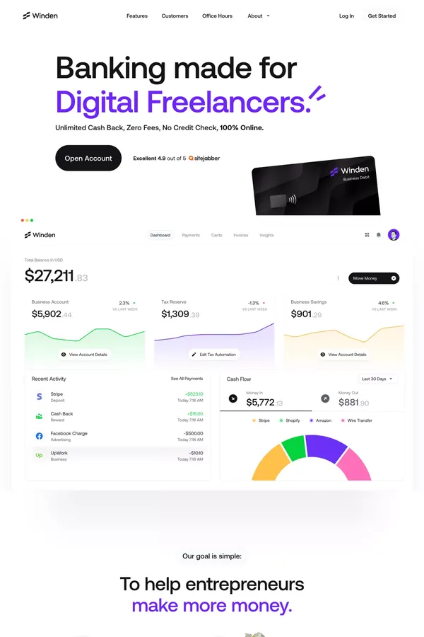 Winden: Business Banking for Entrepreneurs - Landing design inspiration