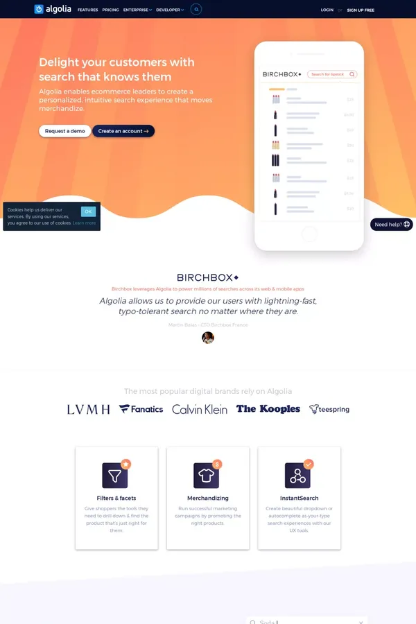 Search that scales with your SaaS business | Algolia | Algolia - Landing design inspiration