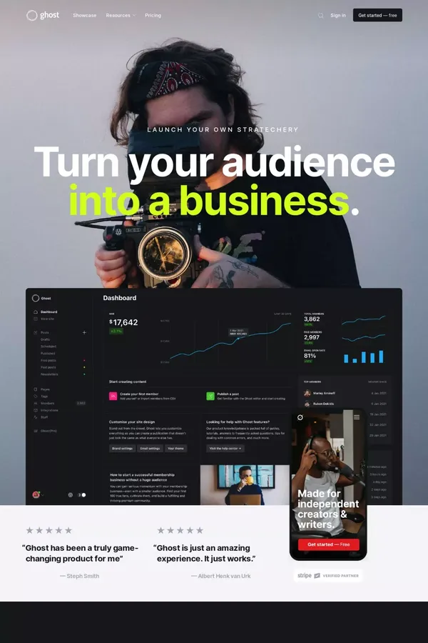 Ghost: Turn your audience into a business - Landing design inspiration