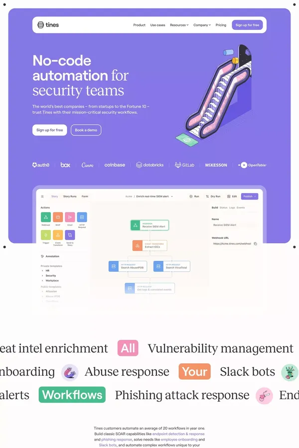 Tines | No-code automation for security teams - Landing design inspiration