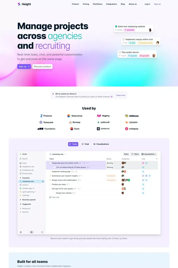 Manage projects across engineering, product, design, and other teams. - Height - Landing design inspiration