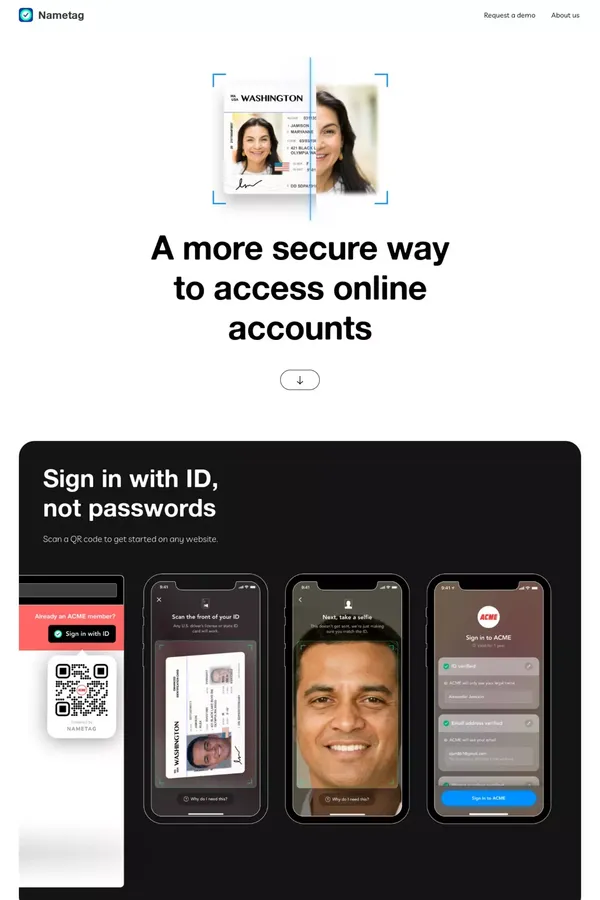 Nametag | Fast, Safe, Everywhere ID - Landing design inspiration