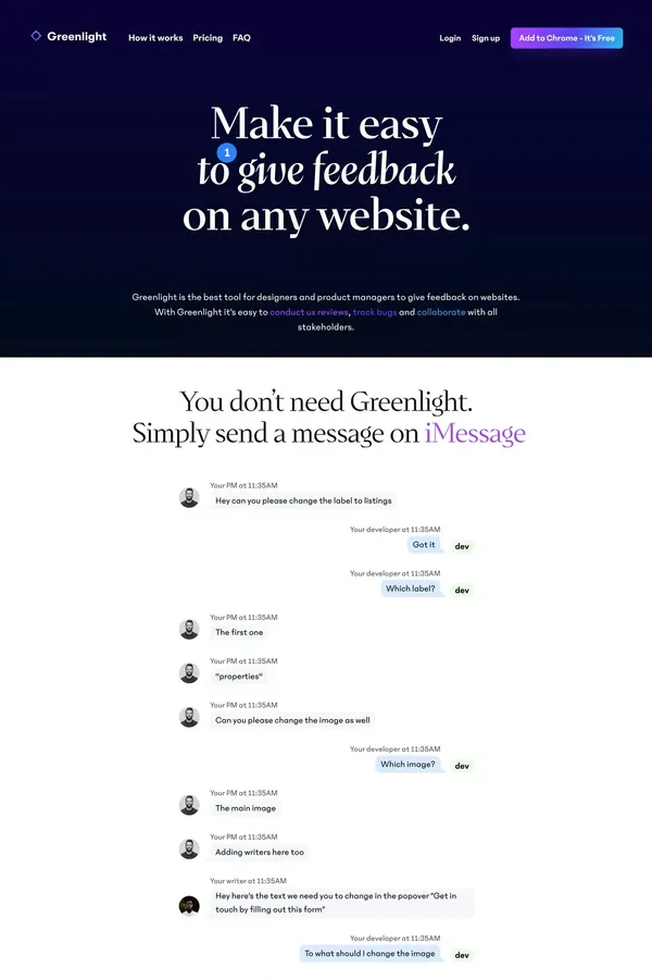 Greenlight makes it easy to leave feedback on any website. - Landing design inspiration