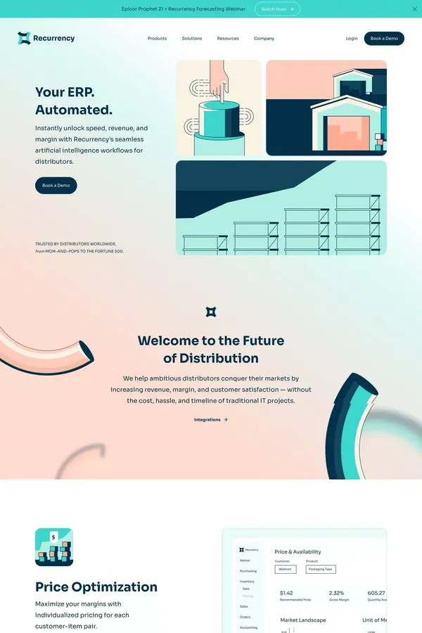 Recurrency: One-Click Artificial Intelligence for Distributors - Landing design inspiration