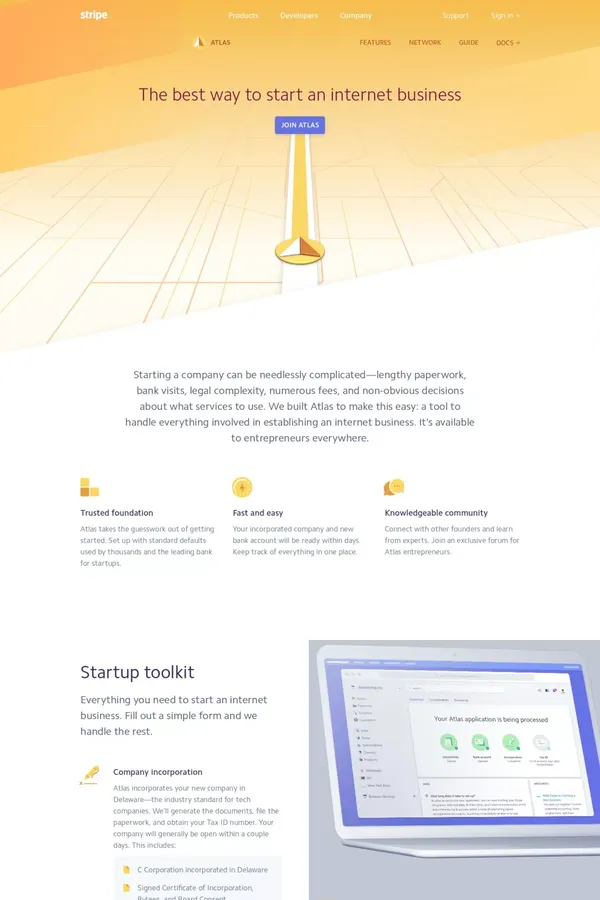 Stripe Atlas: The best way to start an internet business - Landing design inspiration