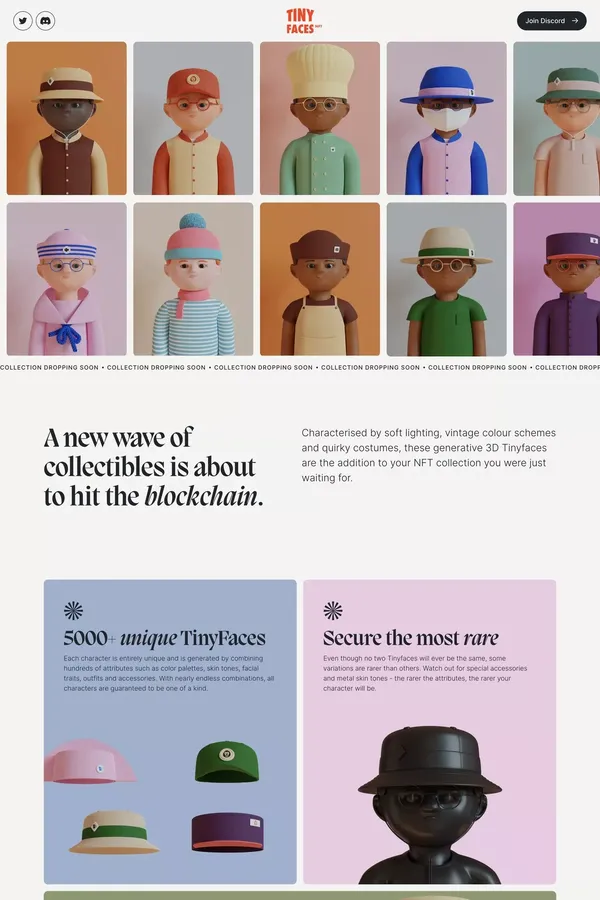 TinyFaces NFT - Uniquely generated 3D characters - Landing design inspiration