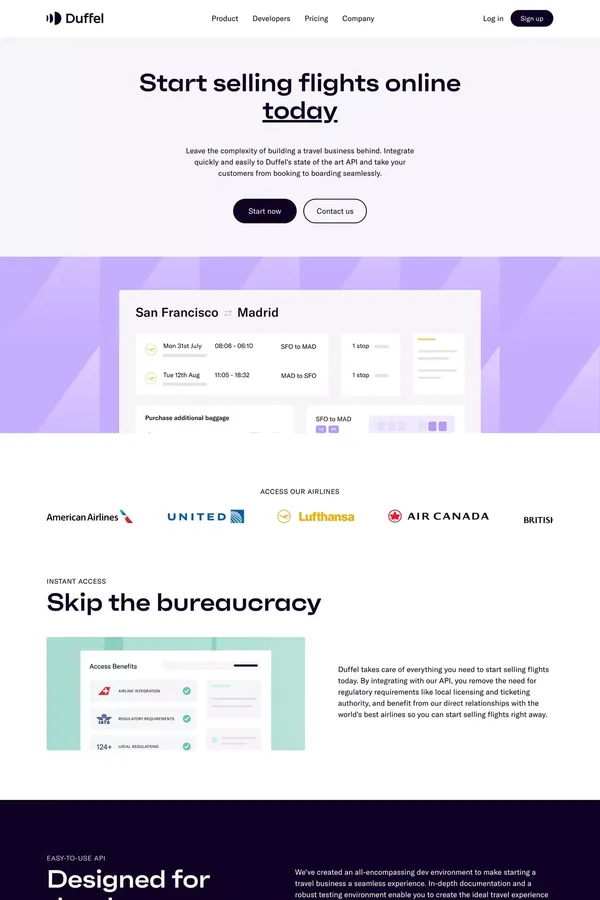 Duffel - The best API to sell flights online - Landing design inspiration