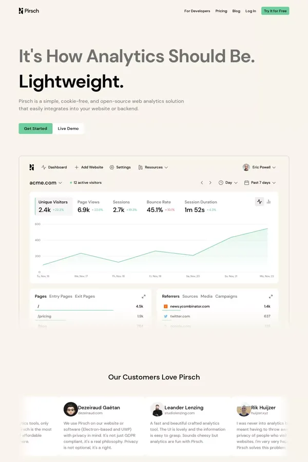 Pirsch ‒ Cookie-free and Privacy-friendly Web Analytics - website design inspiration