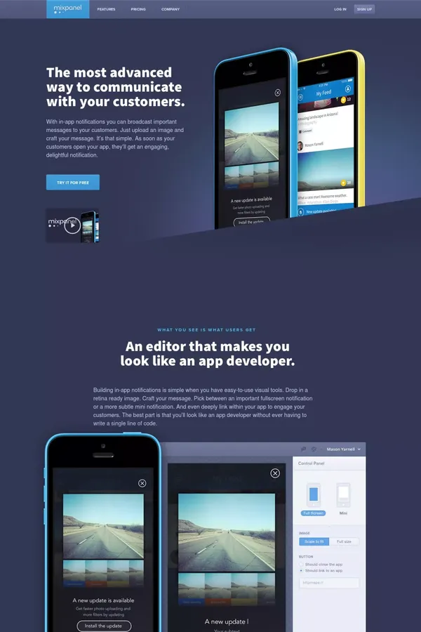 In-app notifications - Mixpanel | Mobile Analytics - Landing design inspiration