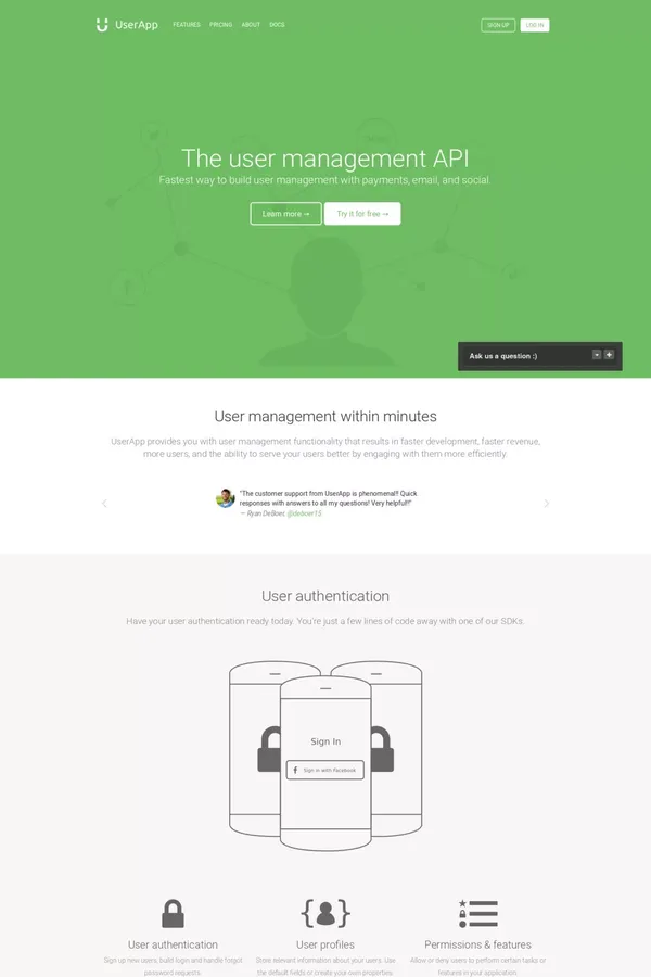 User Management for Web & Mobile Apps with UserApp - Landing design inspiration