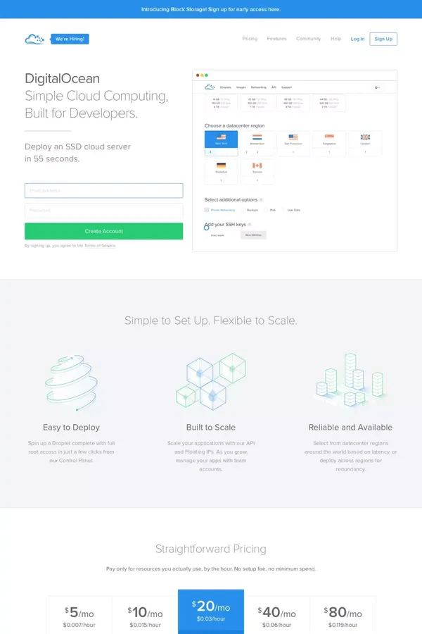 Simple Cloud Computing, Built for Developers | DigitalOcean - Landing design inspiration