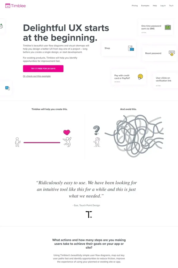 Early Stage UX Design & Planning Tool | Design user flows & visual sitemaps using Timblee - Landing design inspiration