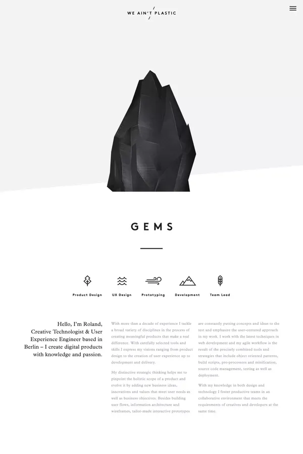 WE AIN'T PLASTIC - Creative Technolgist & User Experience Engineer Roland Lösslein - Portfolio design inspiration
