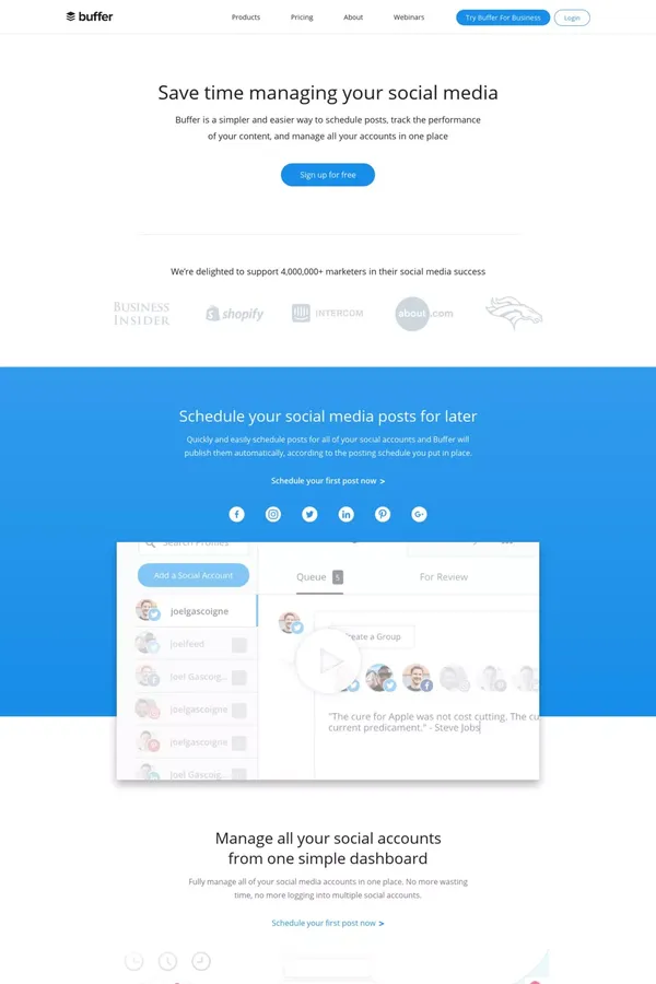 Buffer - A Smarter Way to Share on Social Media - Landing design inspiration