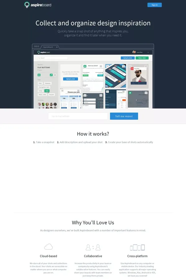 Aspireboard - Collect and organize design inspiration - Landing design inspiration