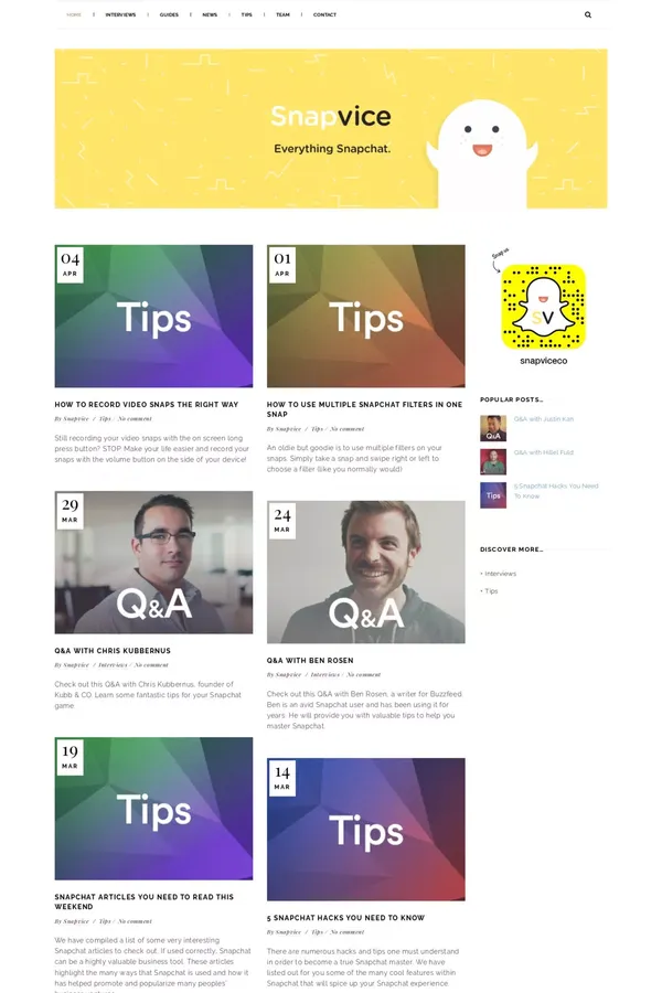 Snapvice – Snapchat Tips and Tricks - Blog design inspiration