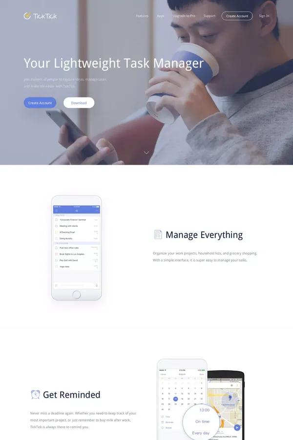 TickTick: Todo list, checklist and task manager app for Android, iPhone and Web - Landing design inspiration