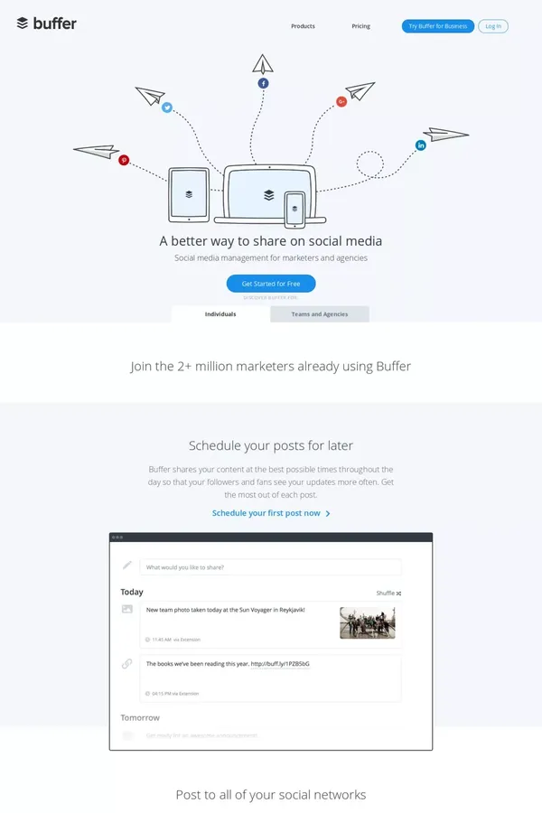 Buffer - A Smarter Way to Share on Social Media - Landing design inspiration