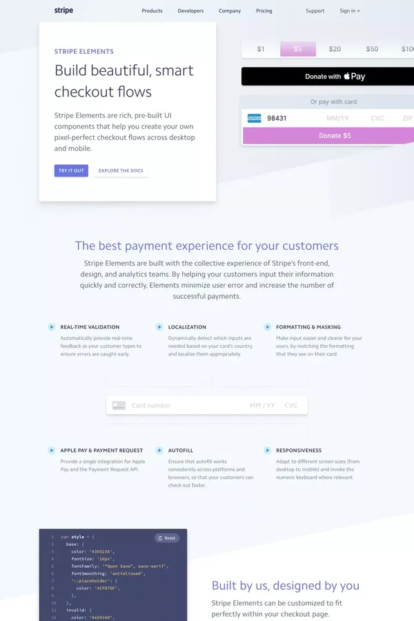 Stripe Elements: Build beautiful, smart checkout flows - Landing design inspiration